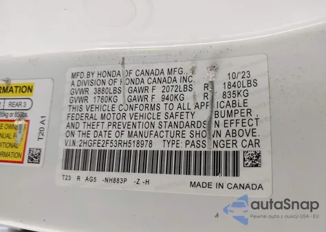 2024 Honda Civic Sport from USA, damaged, VIN 2HGFE2F53RH518978